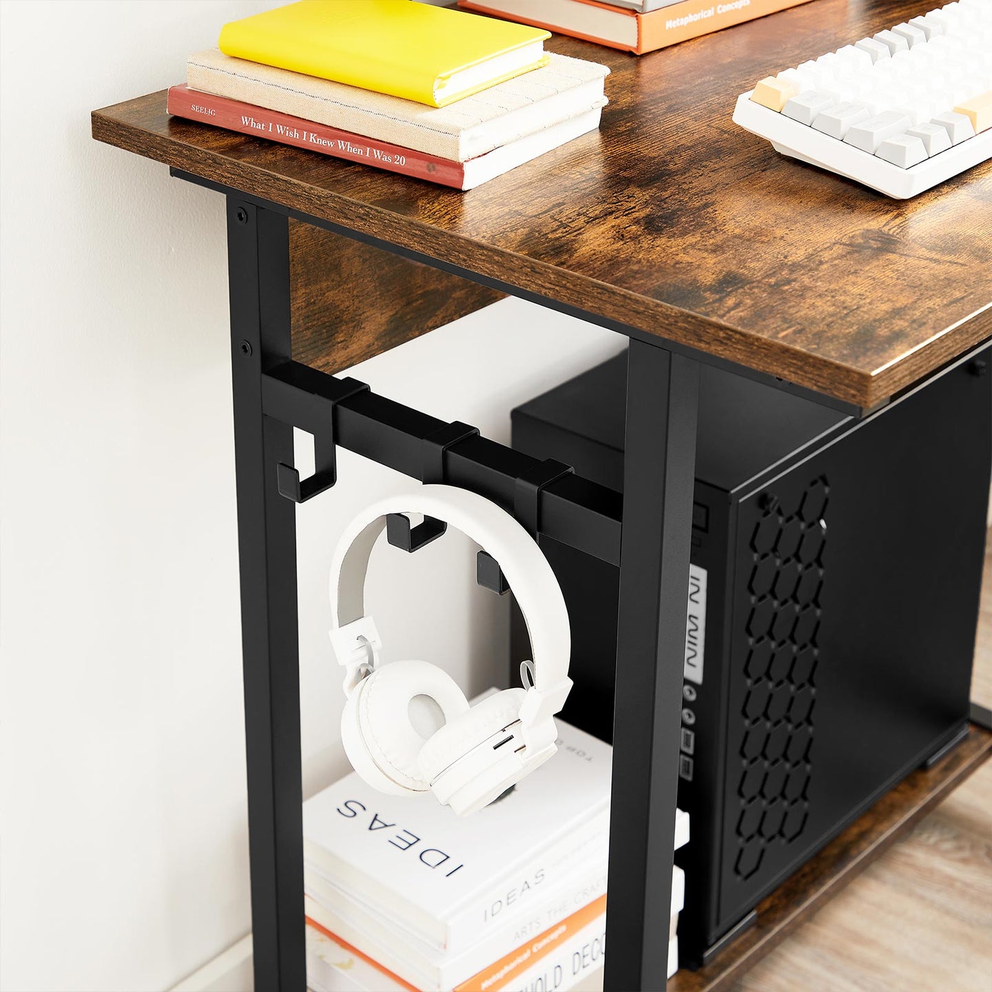 Mobile Computer Desk - Wood - Rustic Brown and Black - Features Monitor Stand and Hooks