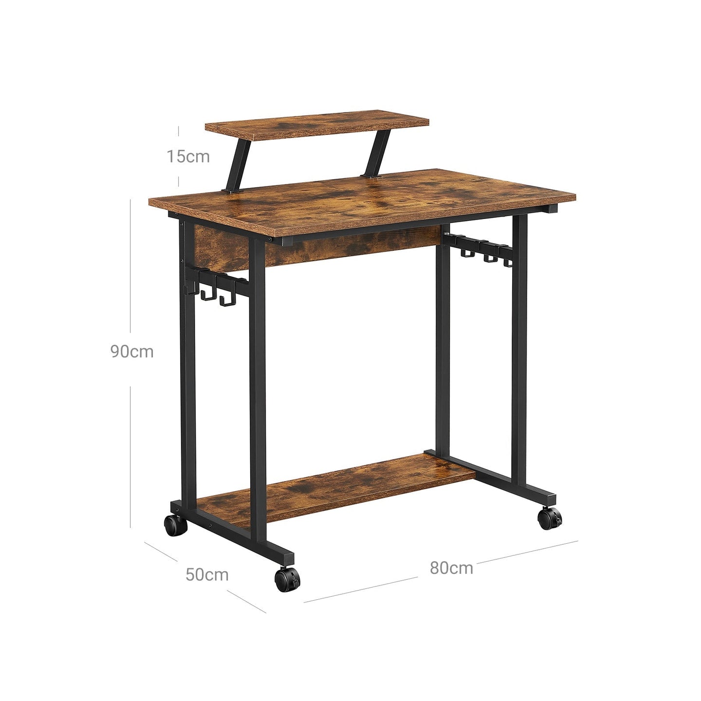 Mobile Computer Desk - Wood - Rustic Brown and Black - Features Monitor Stand and Hooks