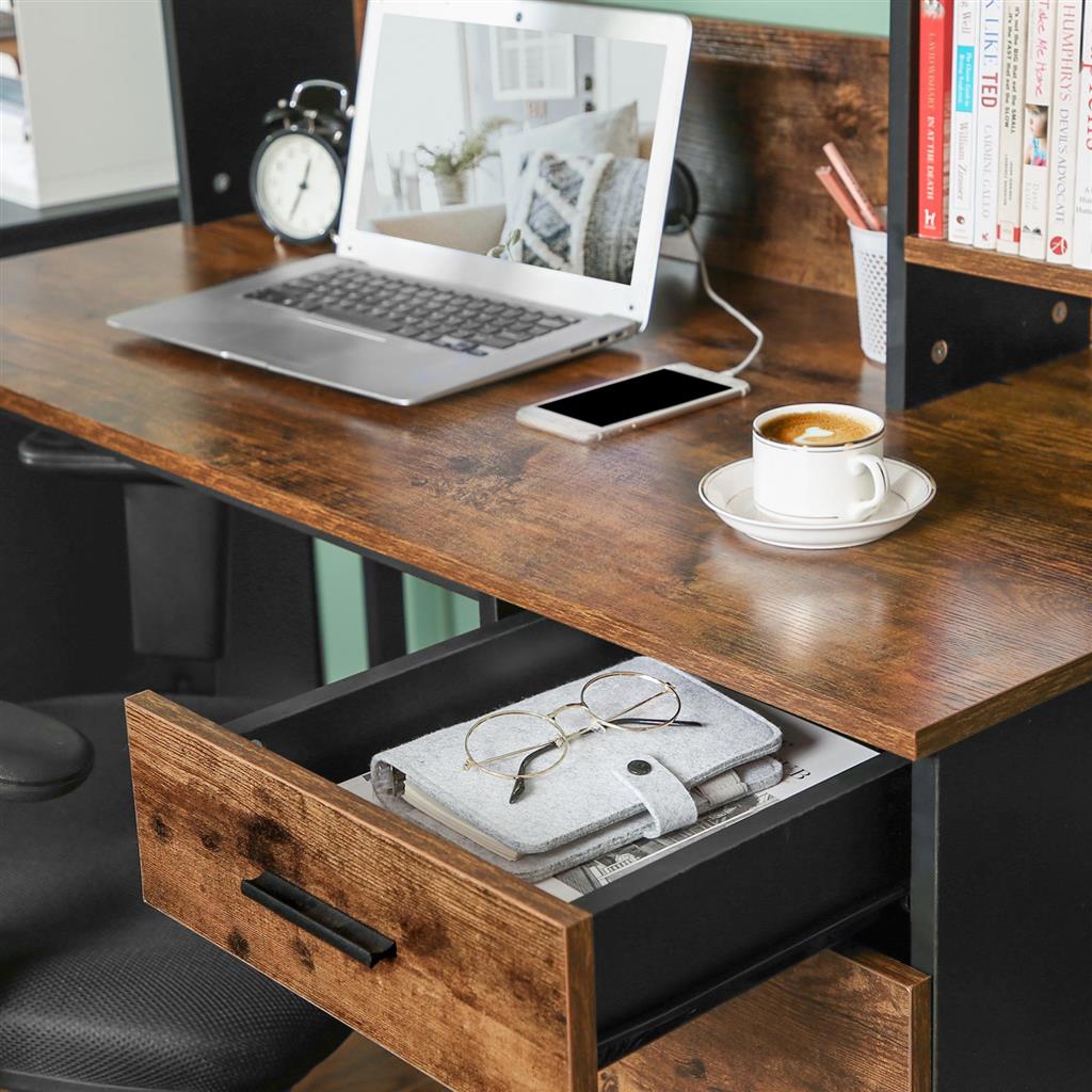 Computer Desk - Steel - Rustic Brown and Black - With Bookshelf and Drawer