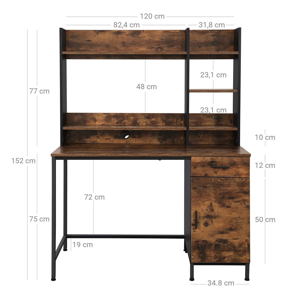 Computer Desk - Steel - Rustic Brown and Black - With Bookshelf and Drawer