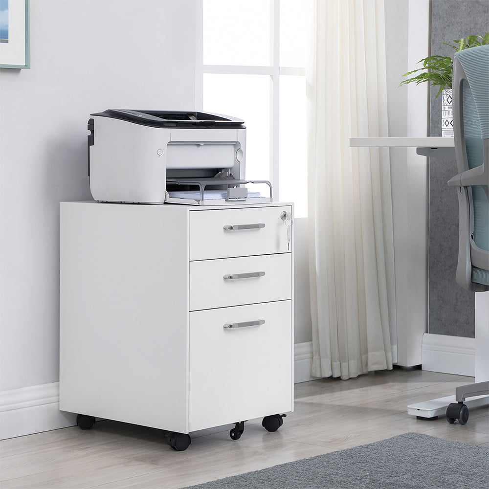 Movable Office File Cabinet - Steel - White - Lockable with 3 Drawers and Castors