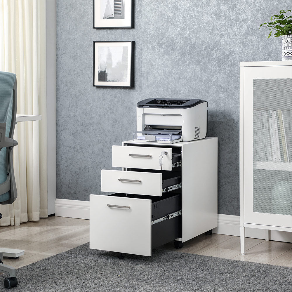 Movable Office File Cabinet - Steel - White - Lockable with 3 Drawers and Castors