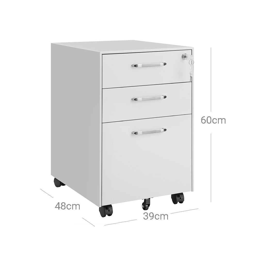 Movable Office File Cabinet - Steel - White - Lockable with 3 Drawers and Castors