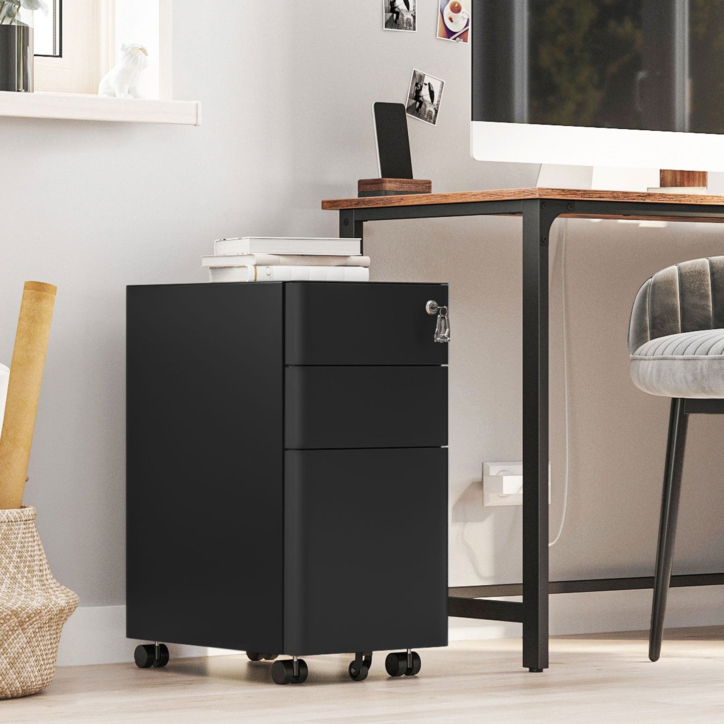 Mobile File Cabinet - Wood - White - Lockable and Wheeled Design for Document Storage