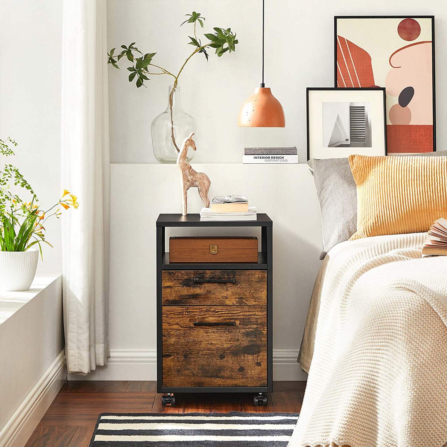 File Cabinet - Steel - Brown and Black - 2 Drawers with Rolling Design and Open Compartment