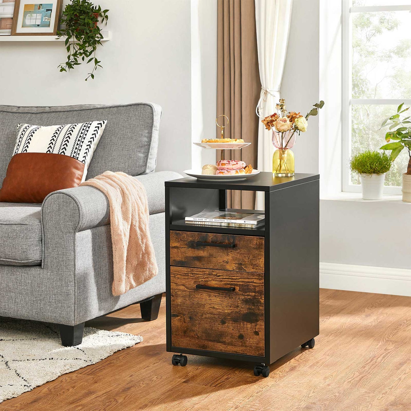 File Cabinet - Steel - Brown and Black - 2 Drawers with Rolling Design and Open Compartment
