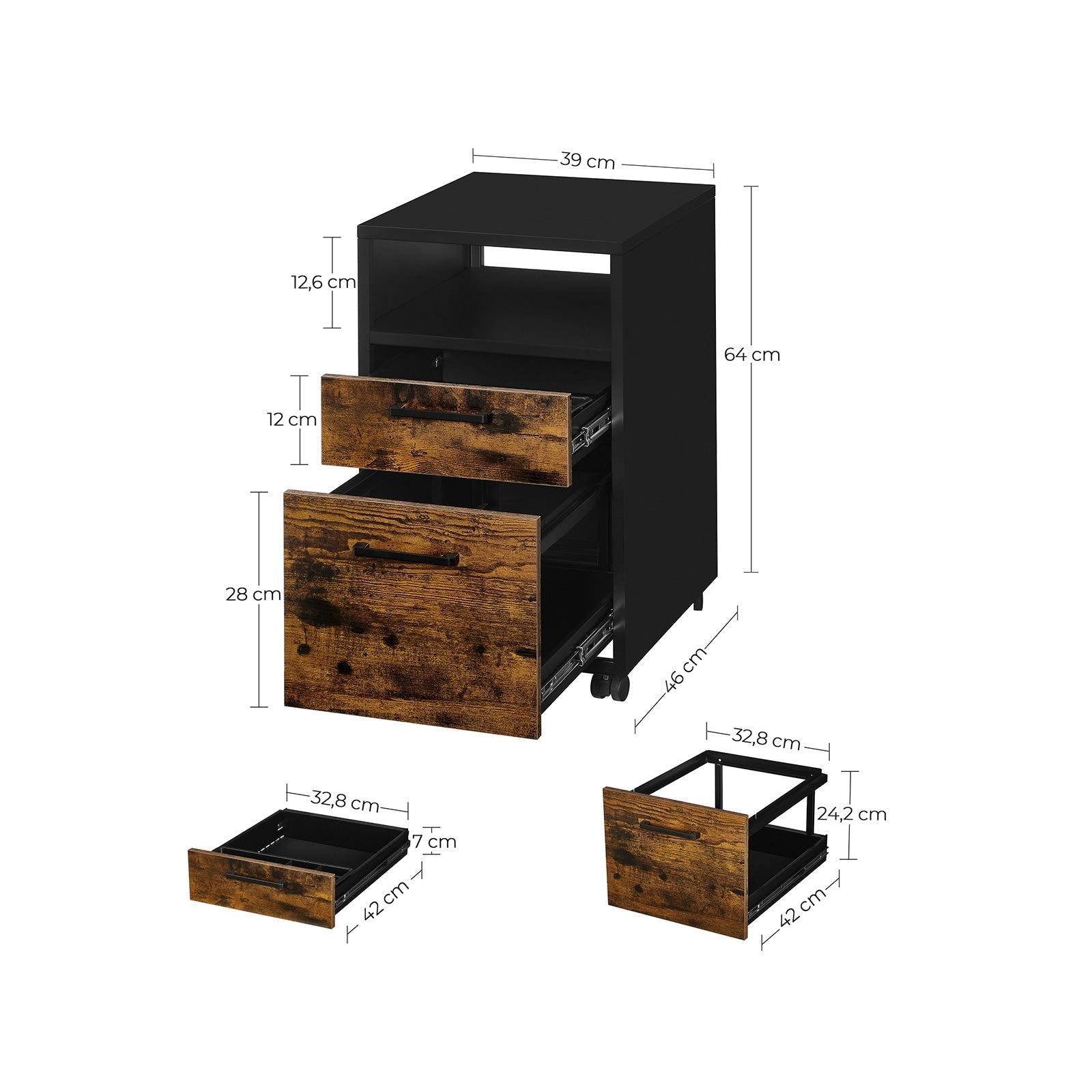 File Cabinet - Steel - Brown and Black - 2 Drawers with Rolling Design and Open Compartment
