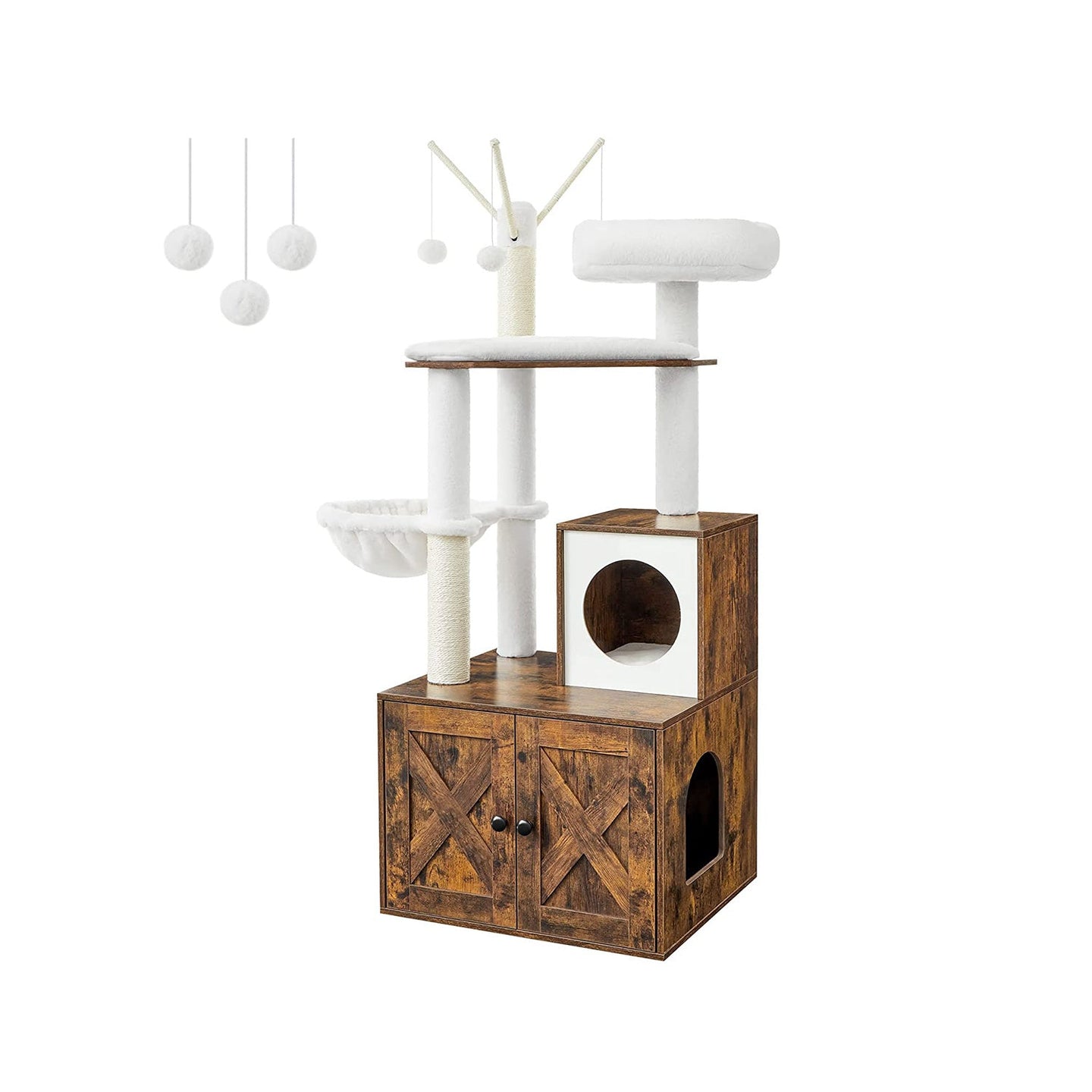 Cat Tree - Engineered Wood - Cloud White - 2-in-1 Design with Litter Box Enclosure and Scratching Posts