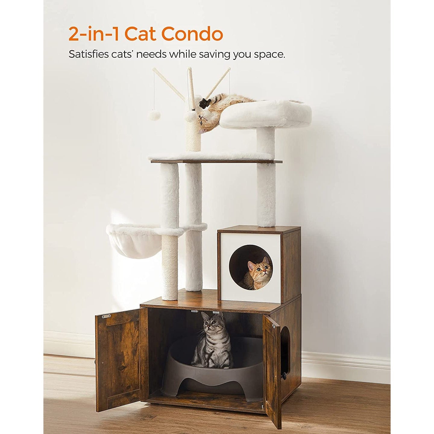 Cat Tree - Engineered Wood - Cloud White - 2-in-1 Design with Litter Box Enclosure and Scratching Posts