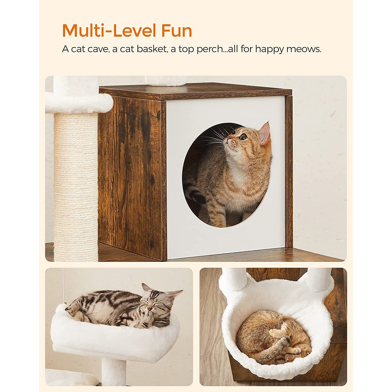 Cat Tree - Engineered Wood - Cloud White - 2-in-1 Design with Litter Box Enclosure and Scratching Posts