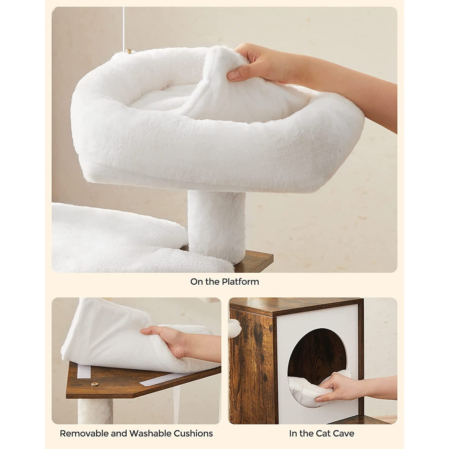 Cat Tree - Engineered Wood - Cloud White - 2-in-1 Design with Litter Box Enclosure and Scratching Posts