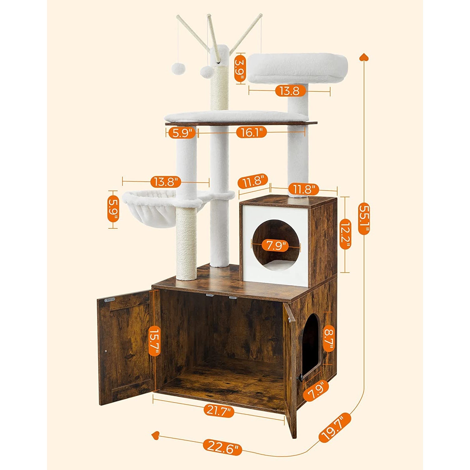 Cat Tree - Engineered Wood - Cloud White - 2-in-1 Design with Litter Box Enclosure and Scratching Posts