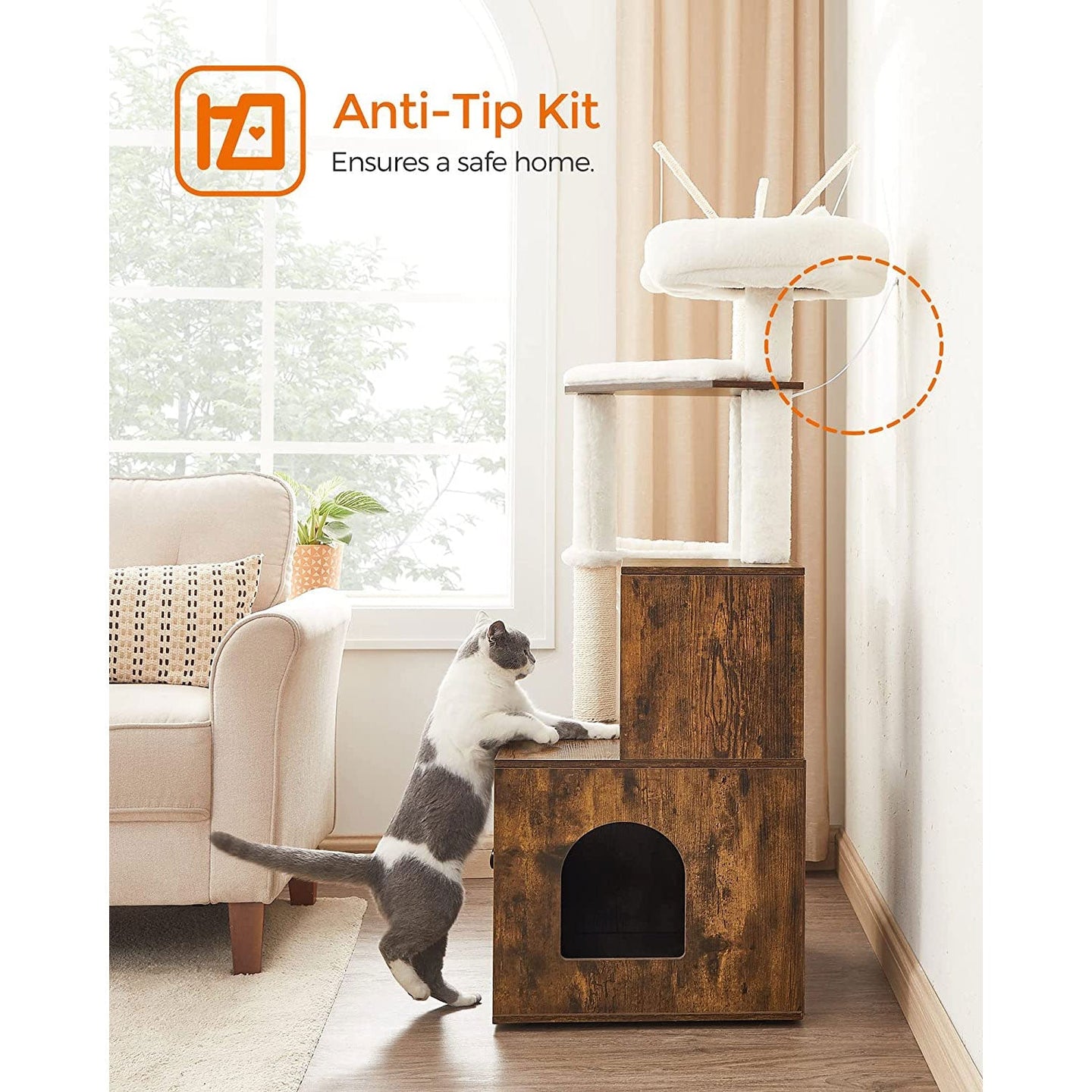 Cat Tree - Engineered Wood - Cloud White - 2-in-1 Design with Litter Box Enclosure and Scratching Posts