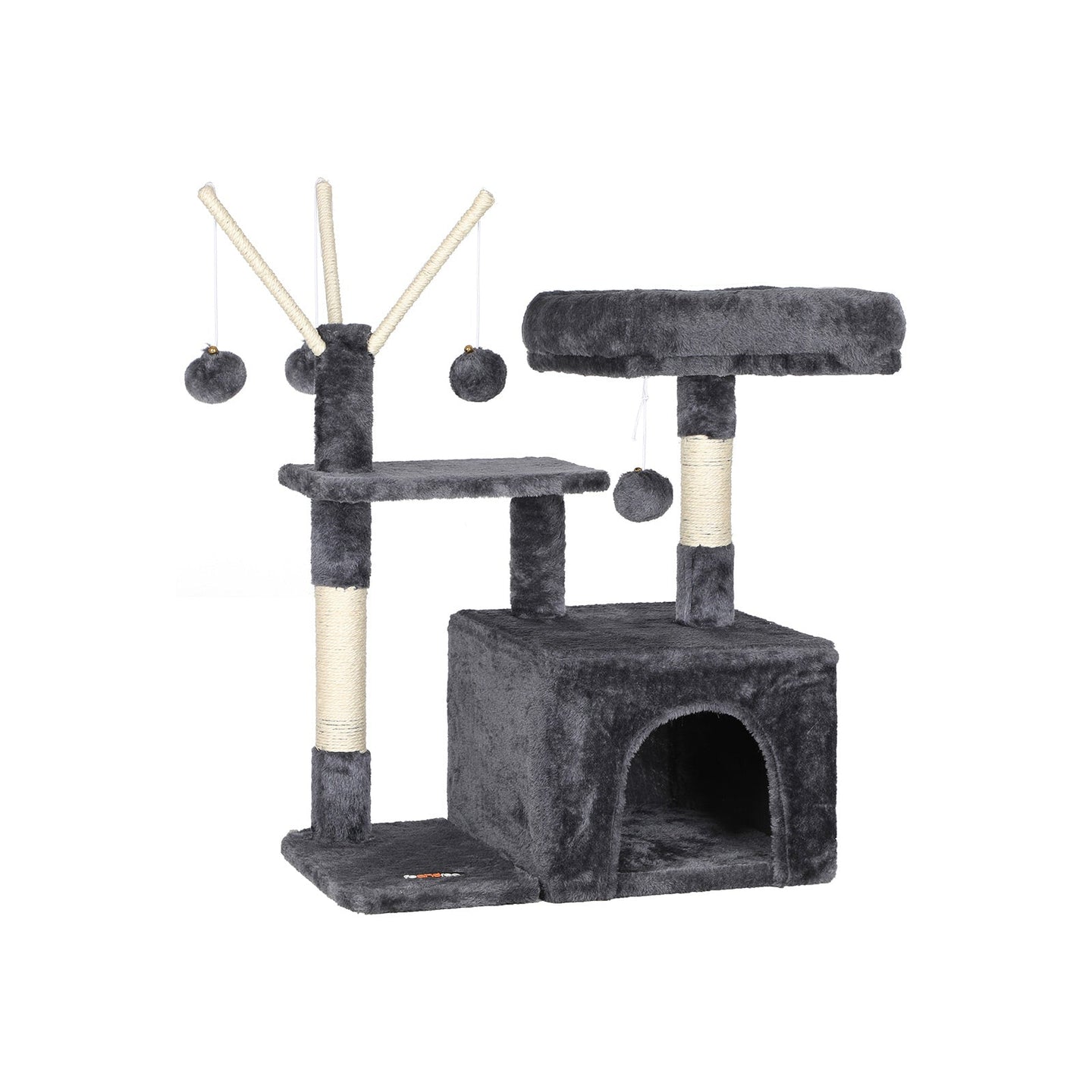 Cat Tree - 3-Level with 3 Pompoms - Wood - Light Grey