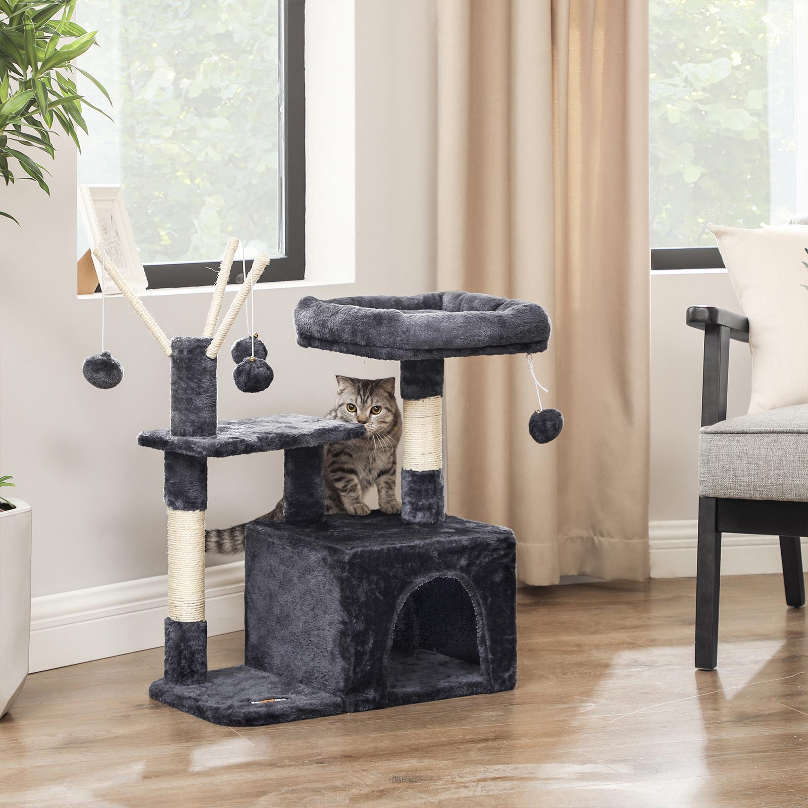 Cat Tree - 3-Level with 3 Pompoms - Wood - Light Grey