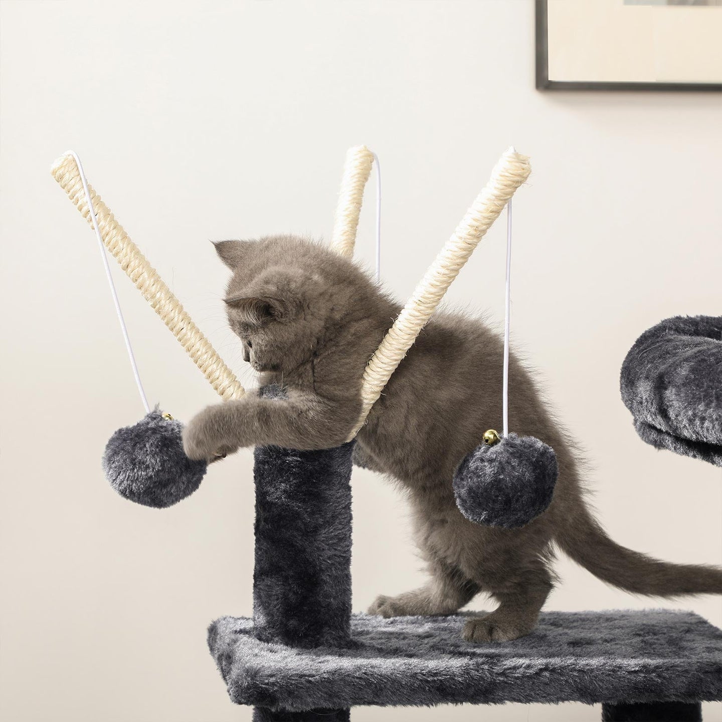 Cat Tree - 3-Level with 3 Pompoms - Wood - Light Grey