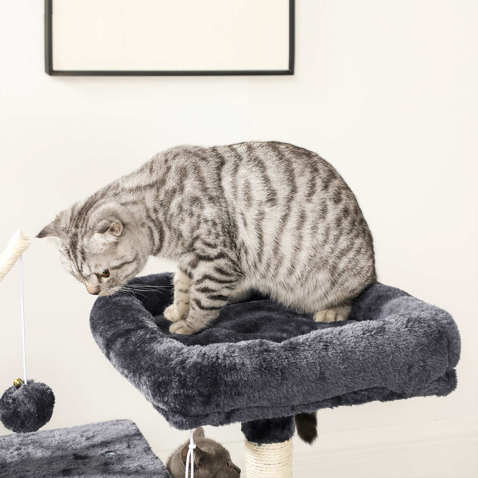 Cat Tree - 3-Level with 3 Pompoms - Wood - Light Grey