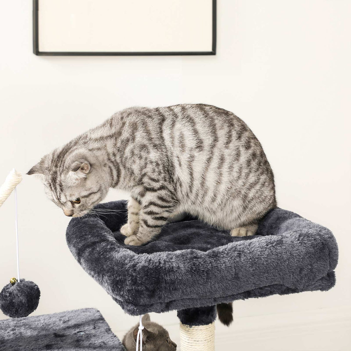 Cat Tree - 3-Level with 3 Pompoms - Wood - Light Grey