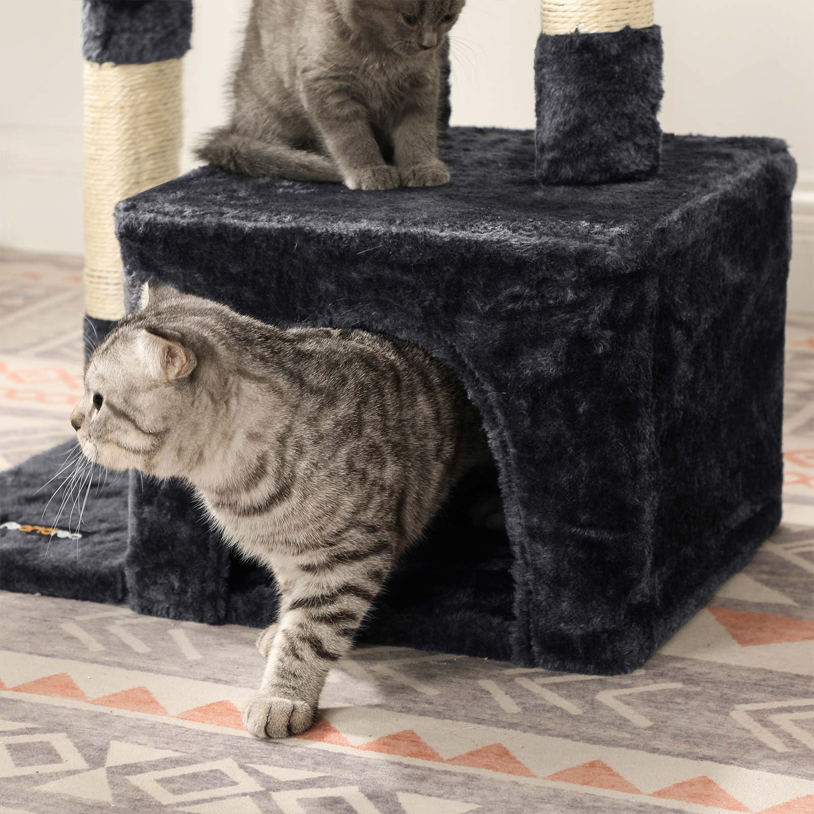 Cat Tree - 3-Level with 3 Pompoms - Wood - Light Grey