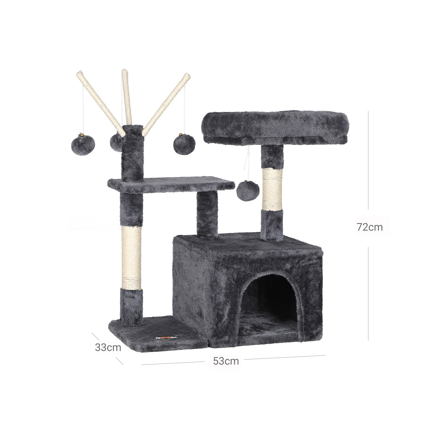 Cat Tree - 3-Level with 3 Pompoms - Wood - Light Grey