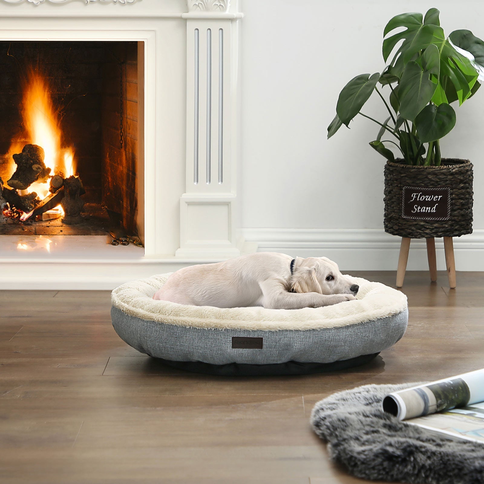 Round Dog and Cat Bed - Fabric - Grey - Washable Donut Shape
