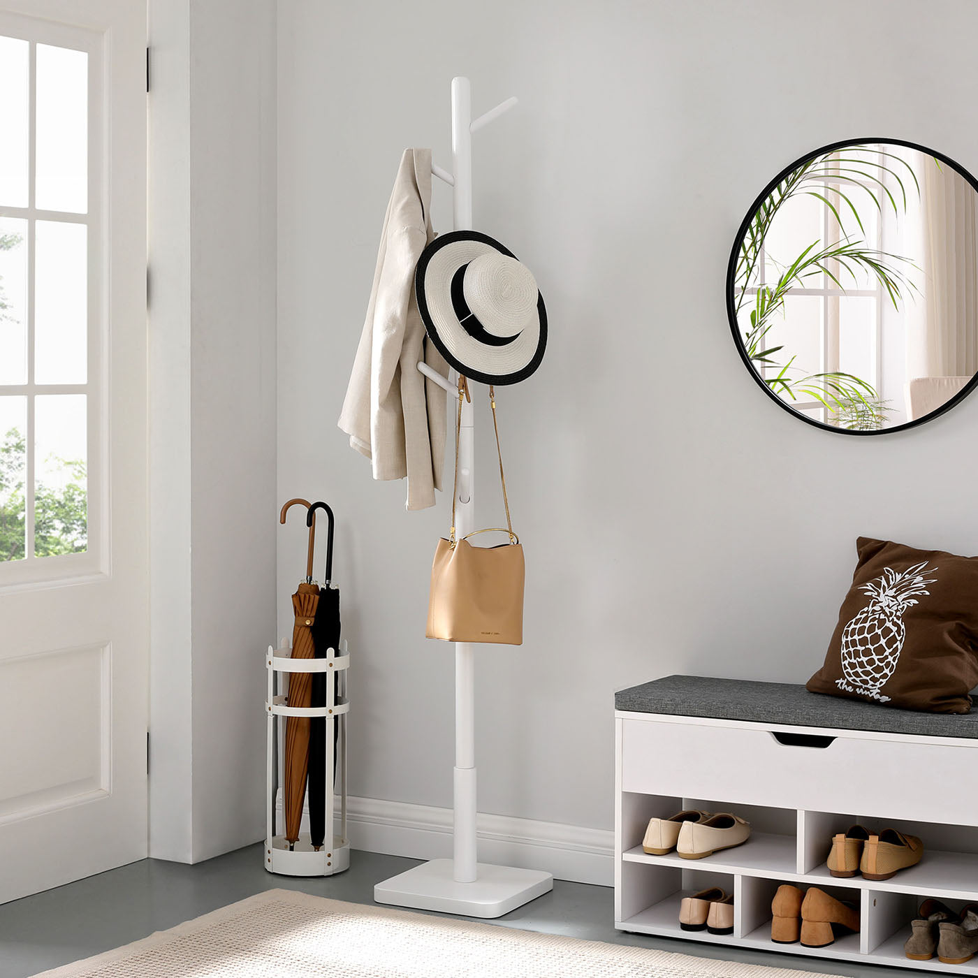 Coat Stand - Solid Wood - White - Free Standing with 8 Hooks