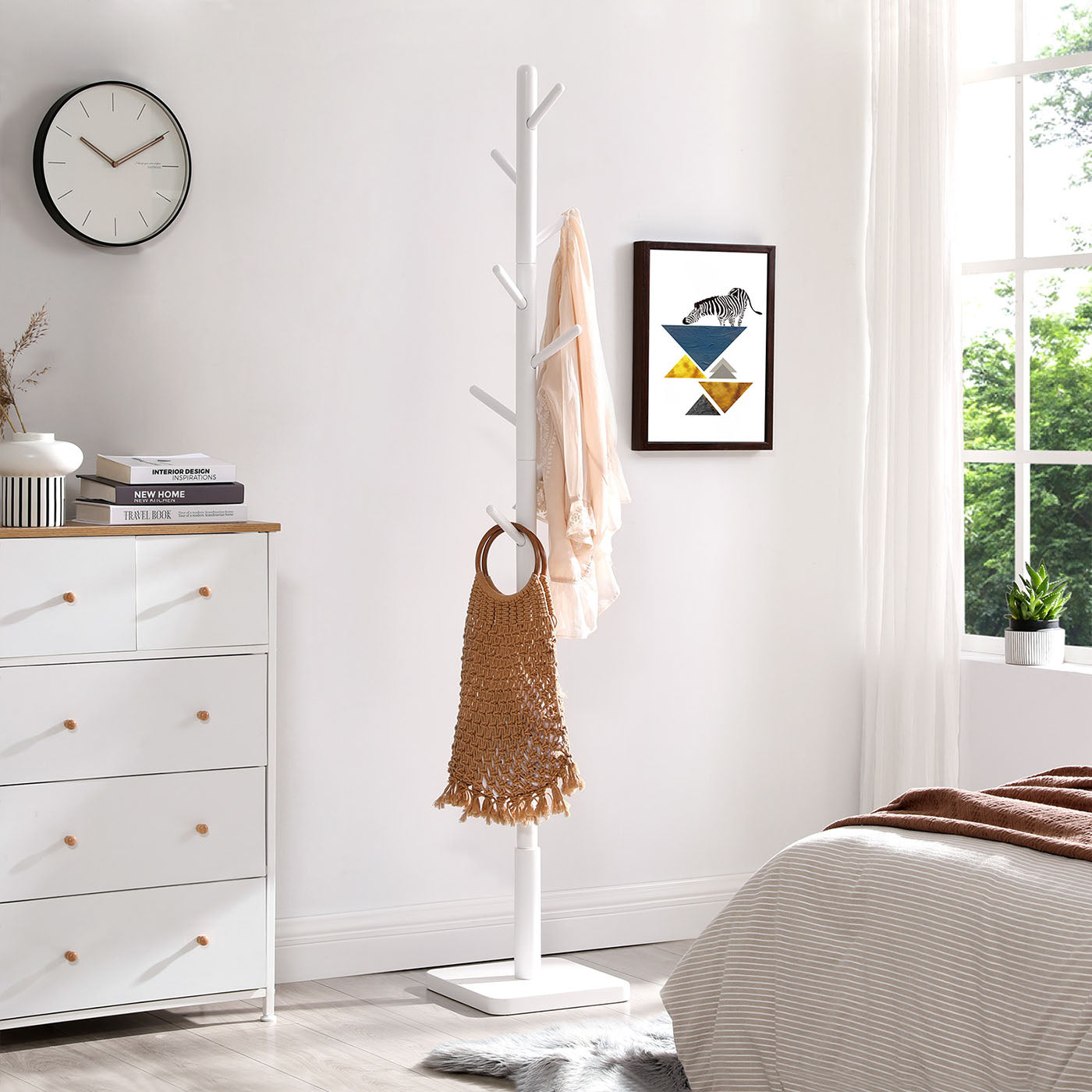 Coat Stand - Solid Wood - White - Free Standing with 8 Hooks