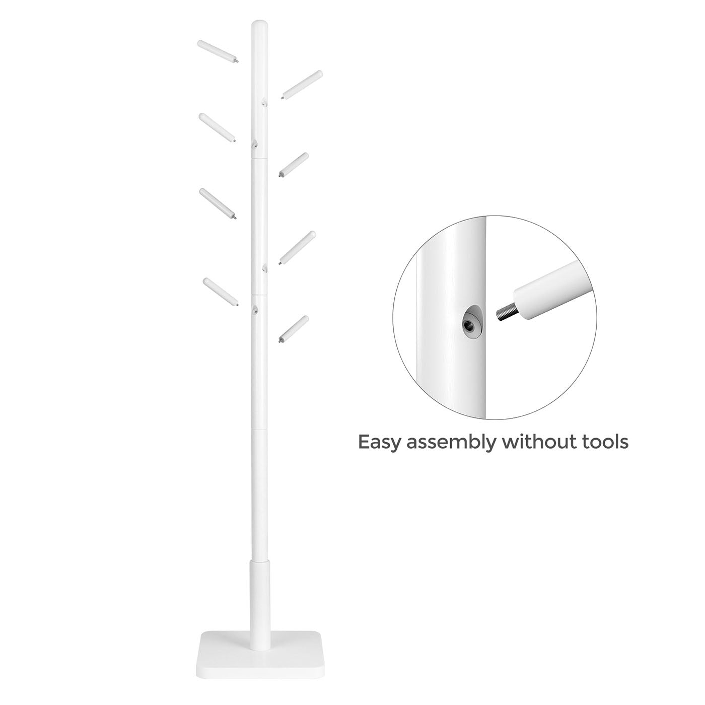 Coat Stand - Solid Wood - White - Free Standing with 8 Hooks