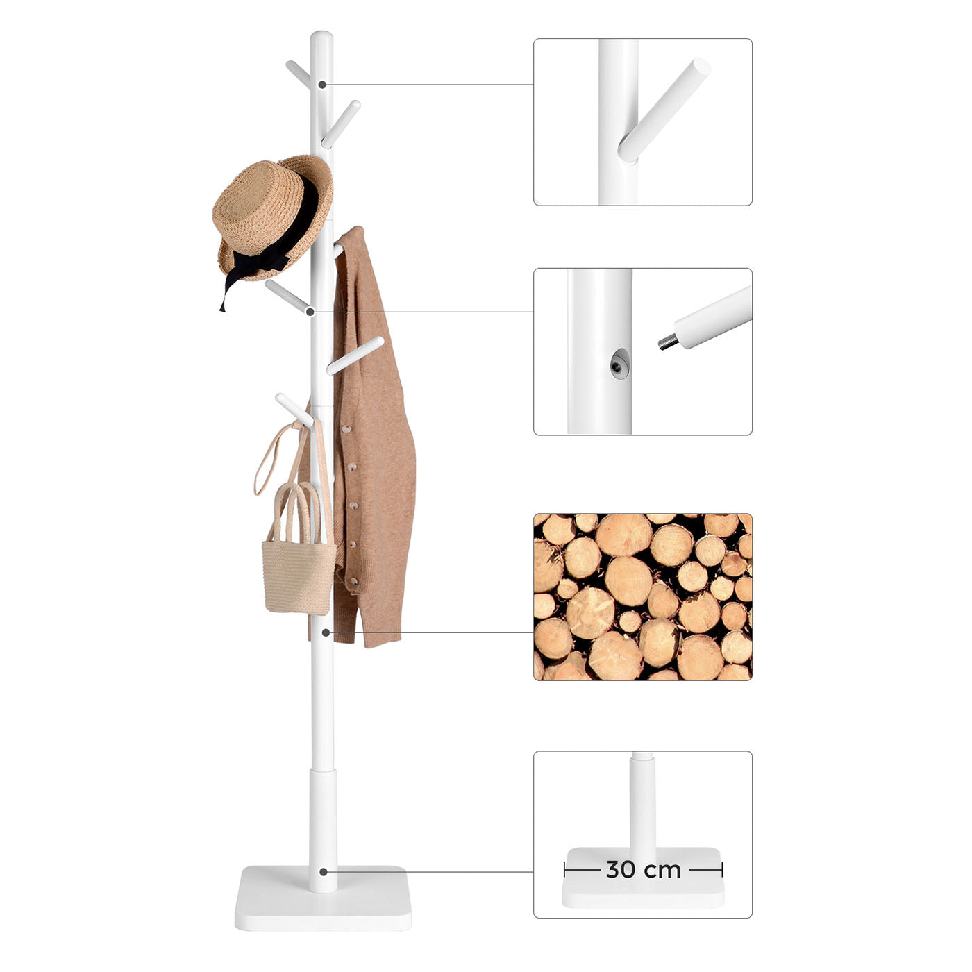 Coat Stand - Solid Wood - White - Free Standing with 8 Hooks