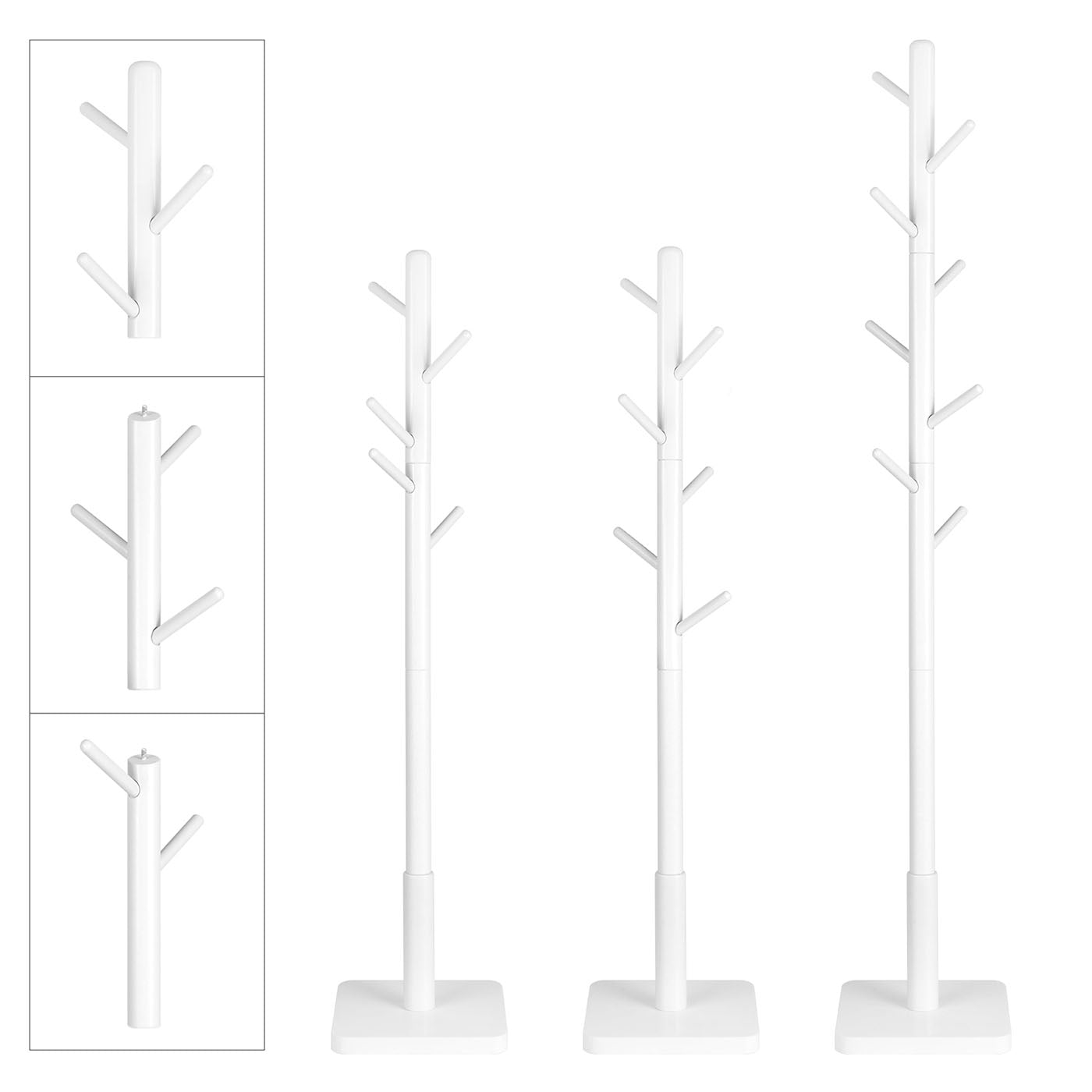 Coat Stand - Solid Wood - White - Free Standing with 8 Hooks