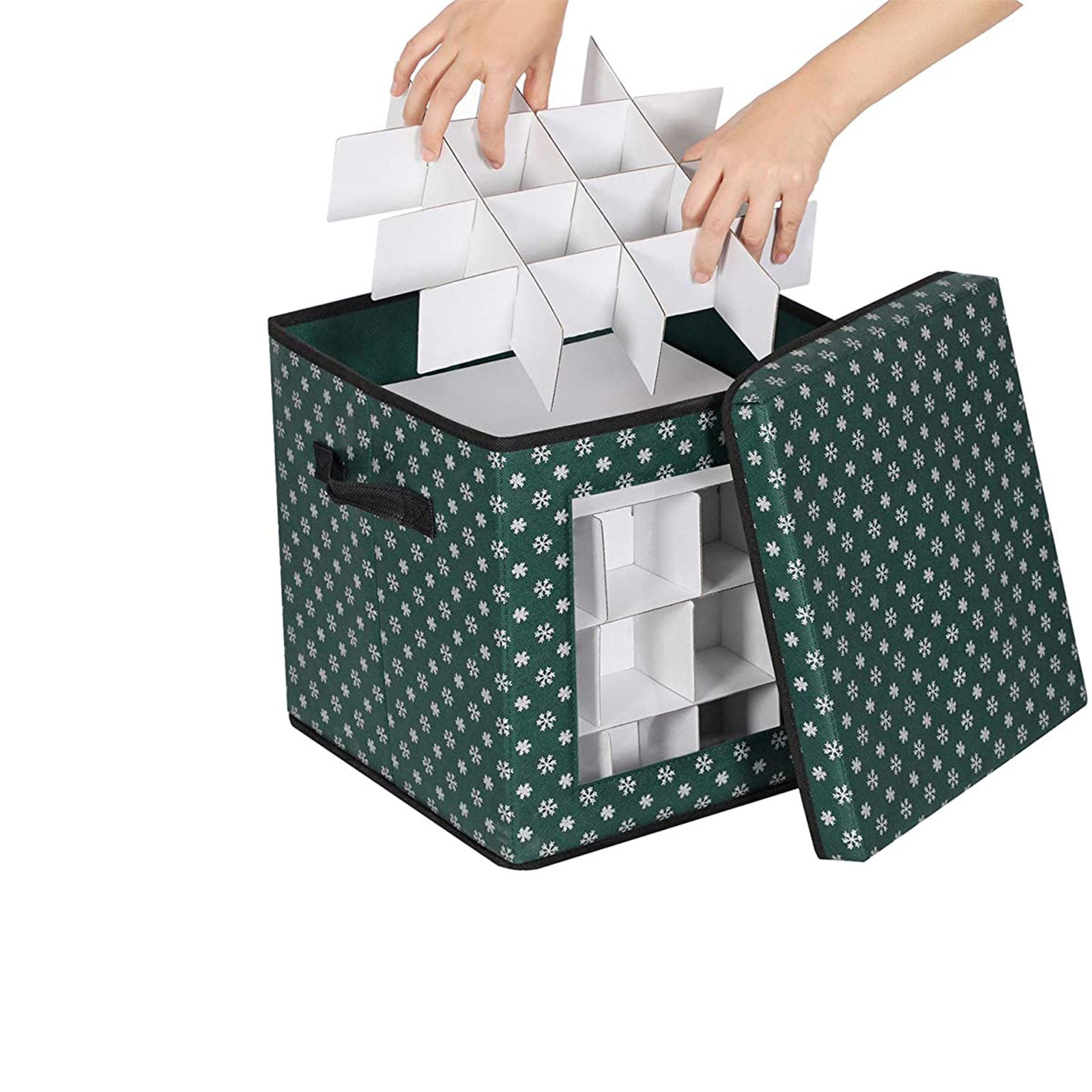 Christmas Ornament Storage Box - Fabric - Green - 64 Compartment Design with Modular Dividers