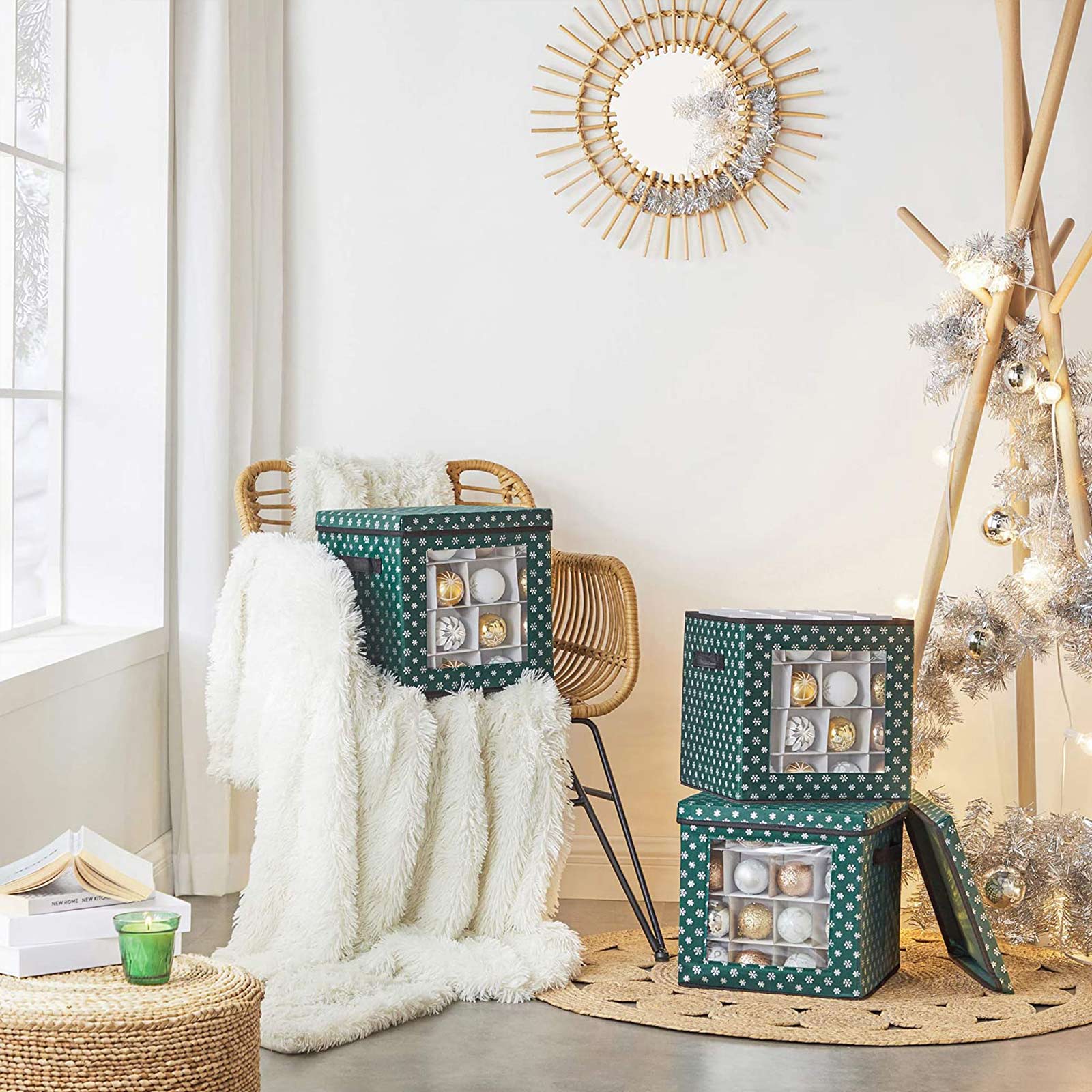 Christmas Ornament Storage Box - Fabric - Green - 64 Compartment Design with Modular Dividers