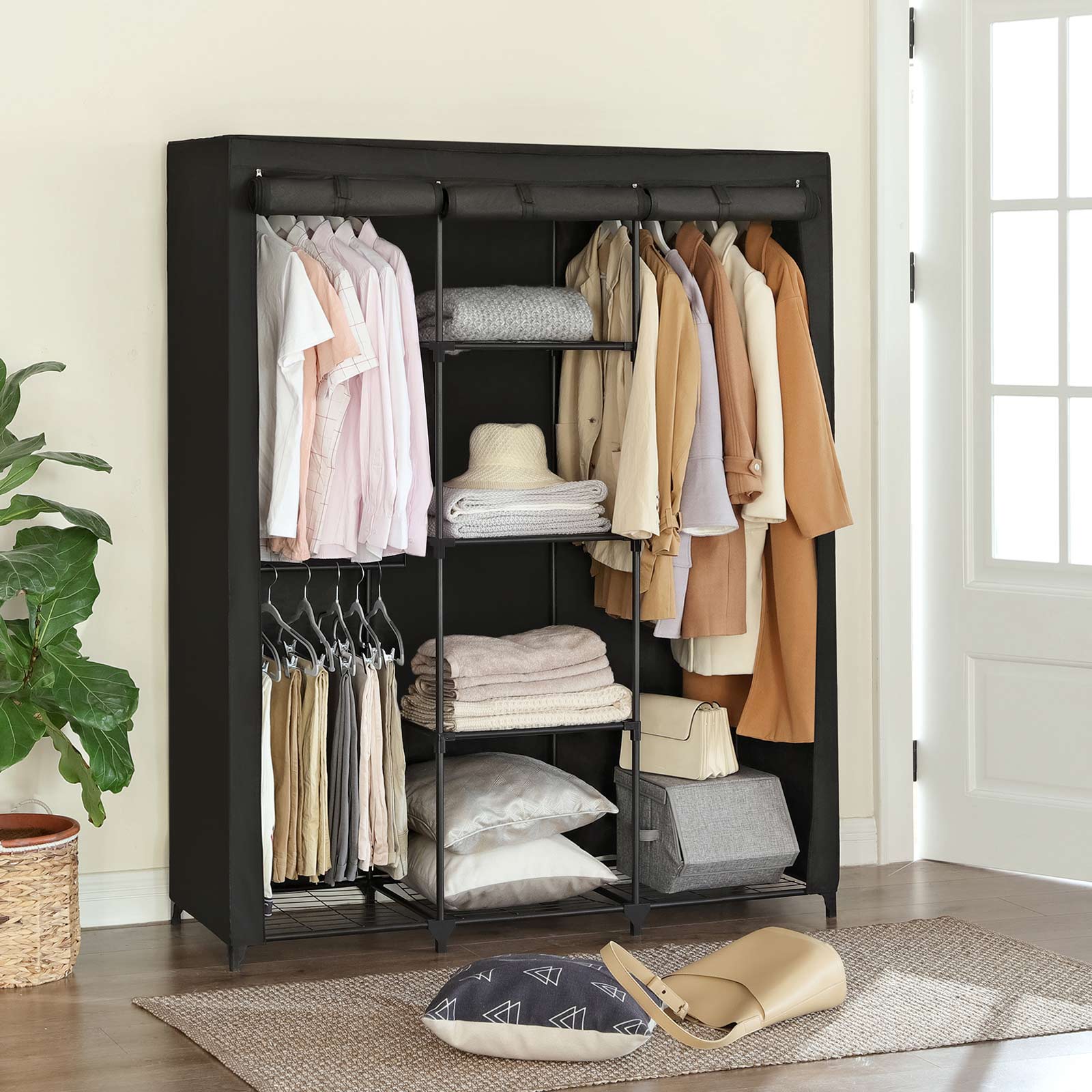 Portable Closet - Non-Woven Fabric - Black - Covered with Iron Mesh Shelves and Hanging Area