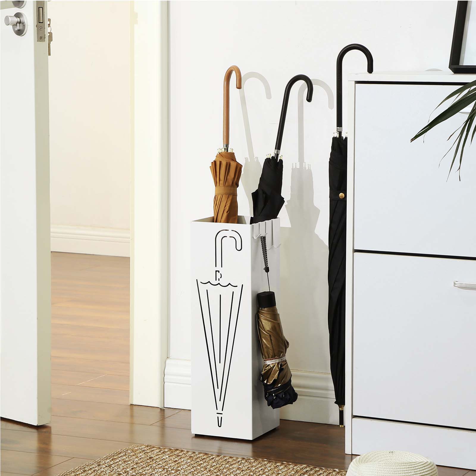 Umbrella Stand - Metal - White - Square with Hooks and Drip Tray