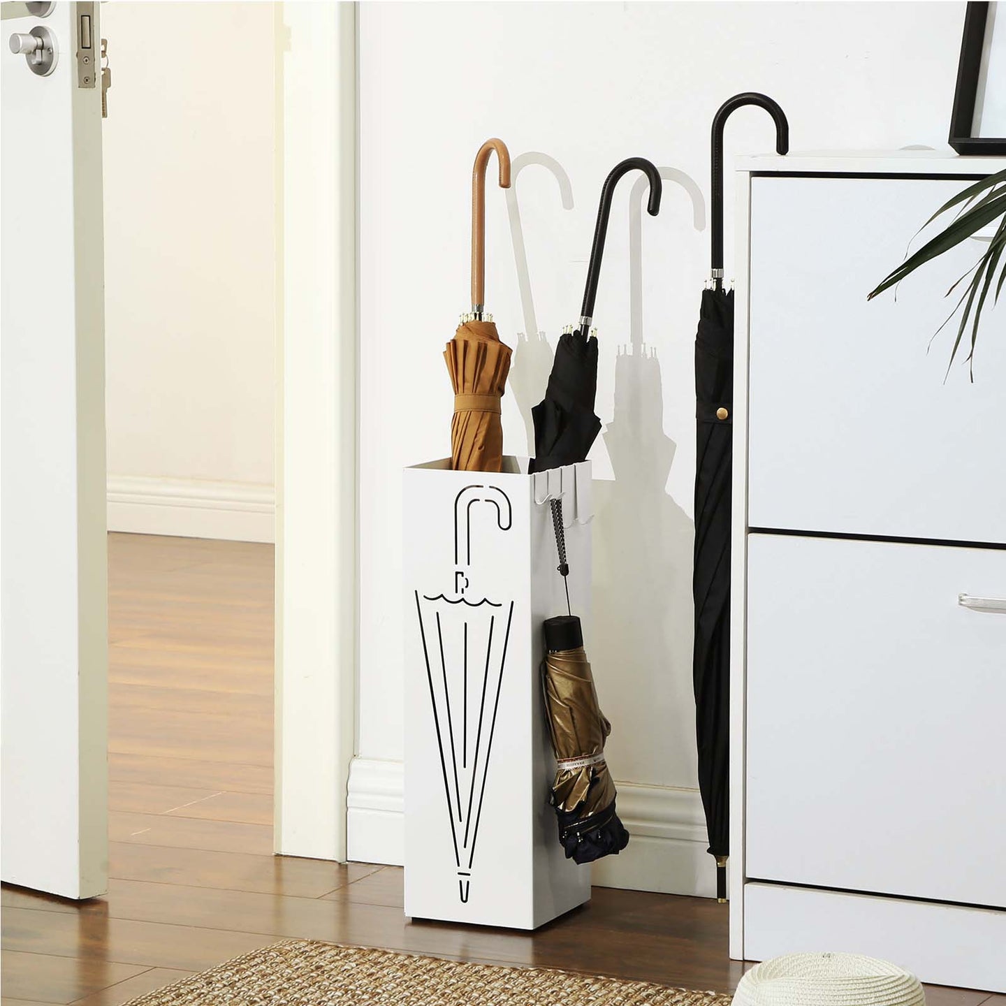 Umbrella Stand - Metal - White - Square with Hooks and Drip Tray