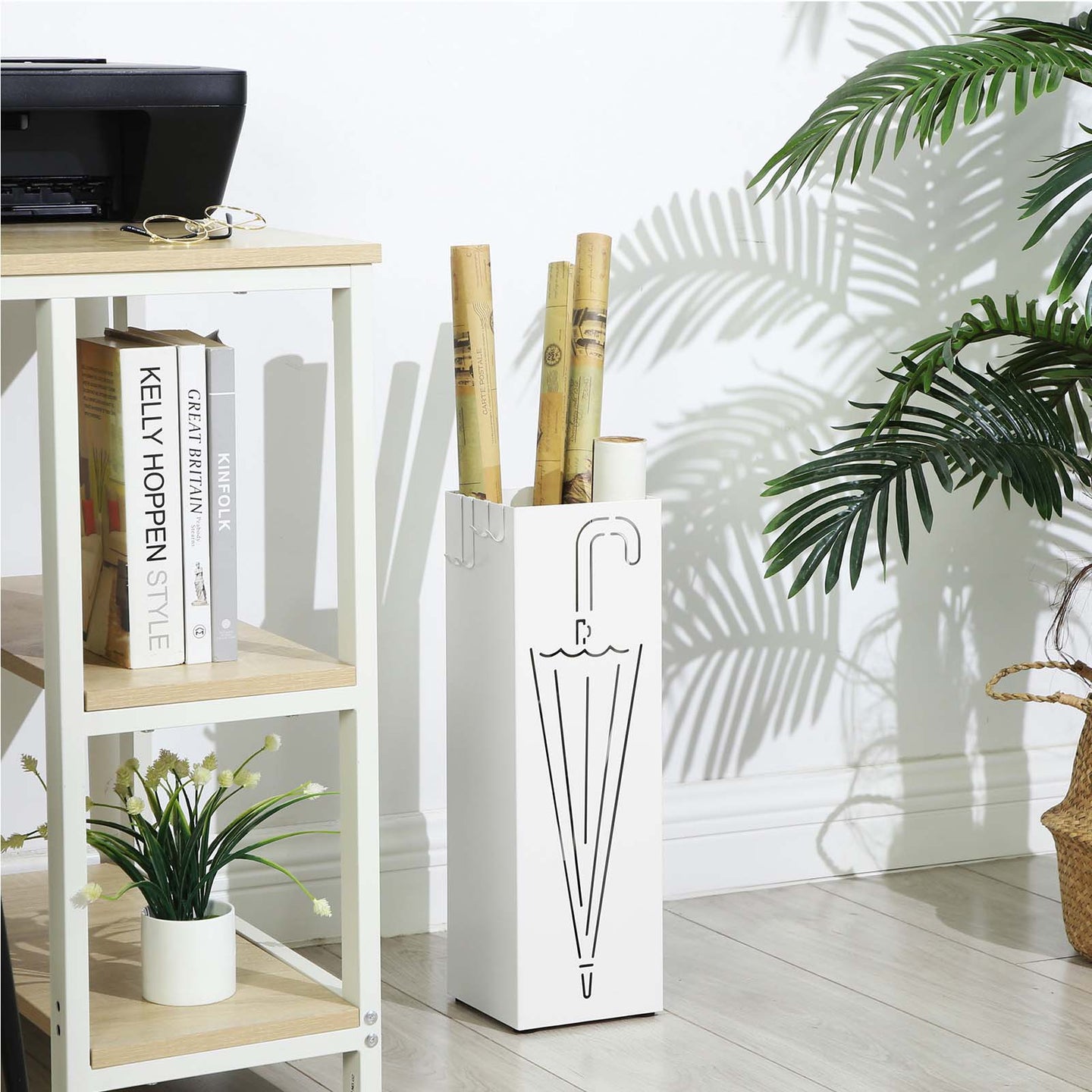 Umbrella Stand - Metal - White - Square with Hooks and Drip Tray
