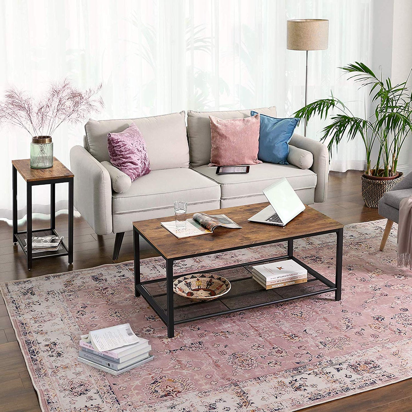 Coffee Table - Wood - Rustic Brown - Large Storage with Dense Mesh Shelf
