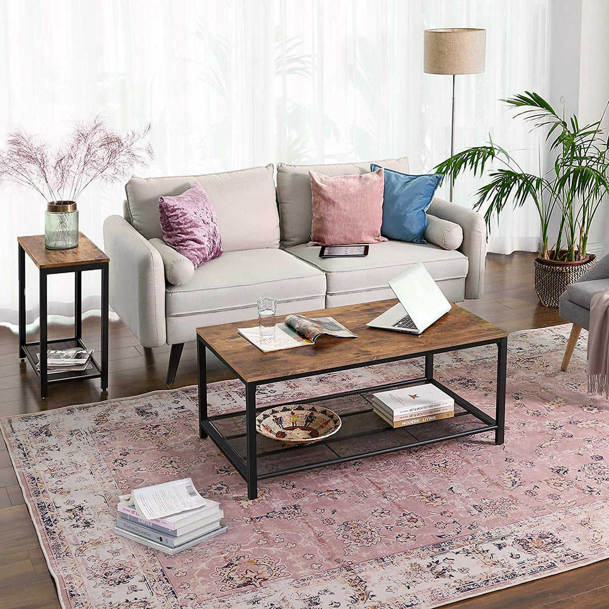 Coffee Table - Wood - Rustic Brown - Large Storage with Dense Mesh Shelf