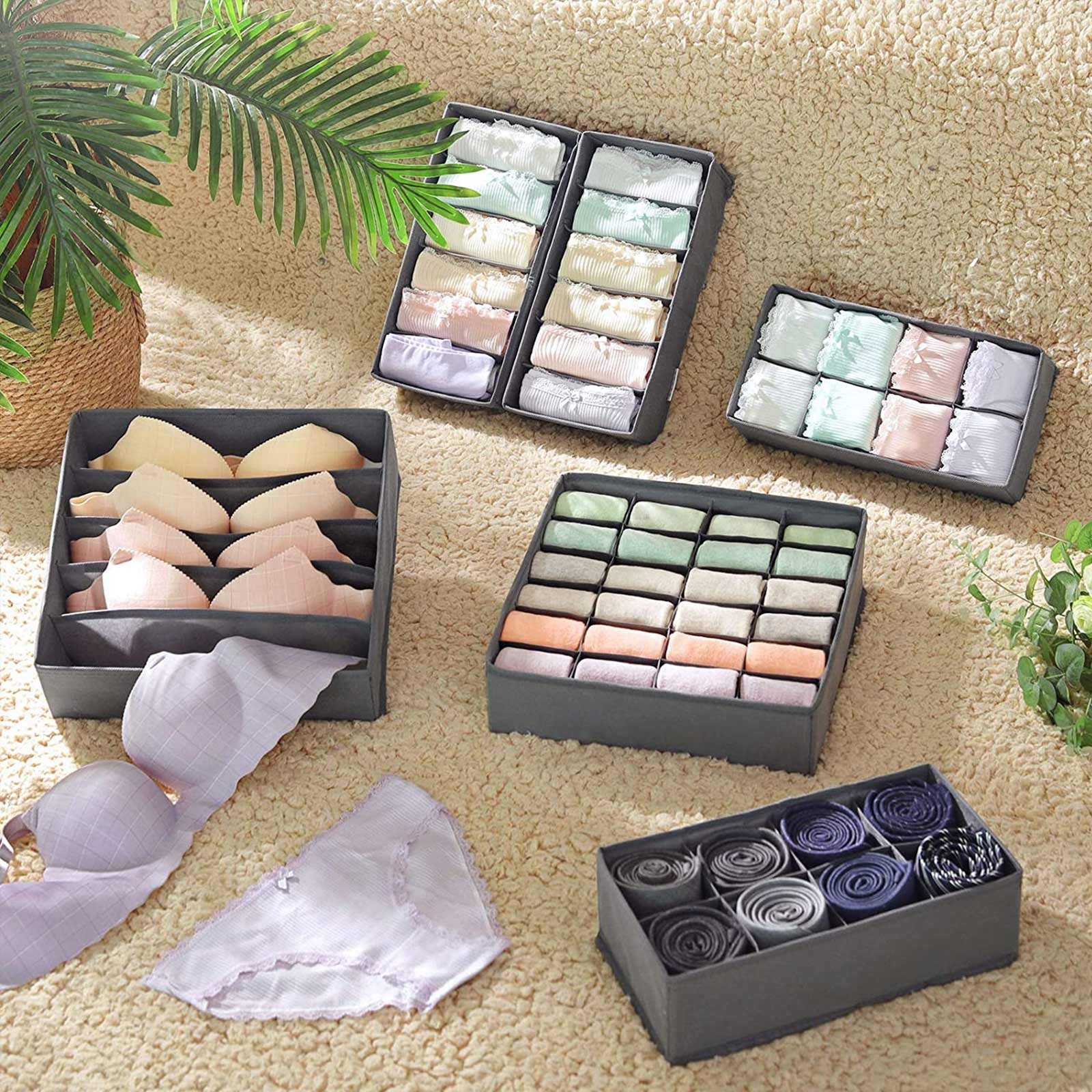 Underwear Drawer Organisers - Fabric - Grey - Foldable Set of 8 for Bras