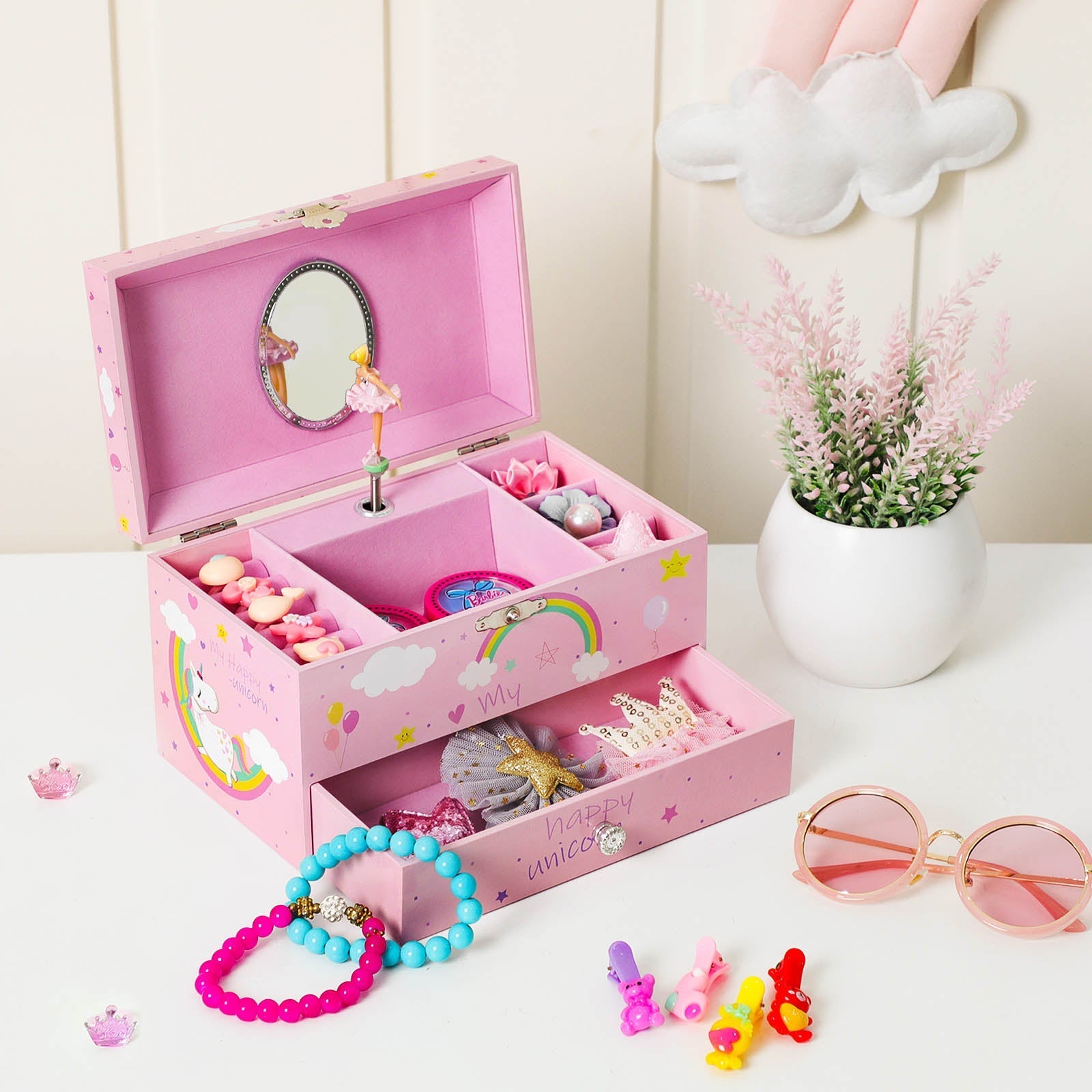 Musical Jewelry Box - Wood - Pink - Unicorn Melody with Pullout Drawer and Divided Compartments