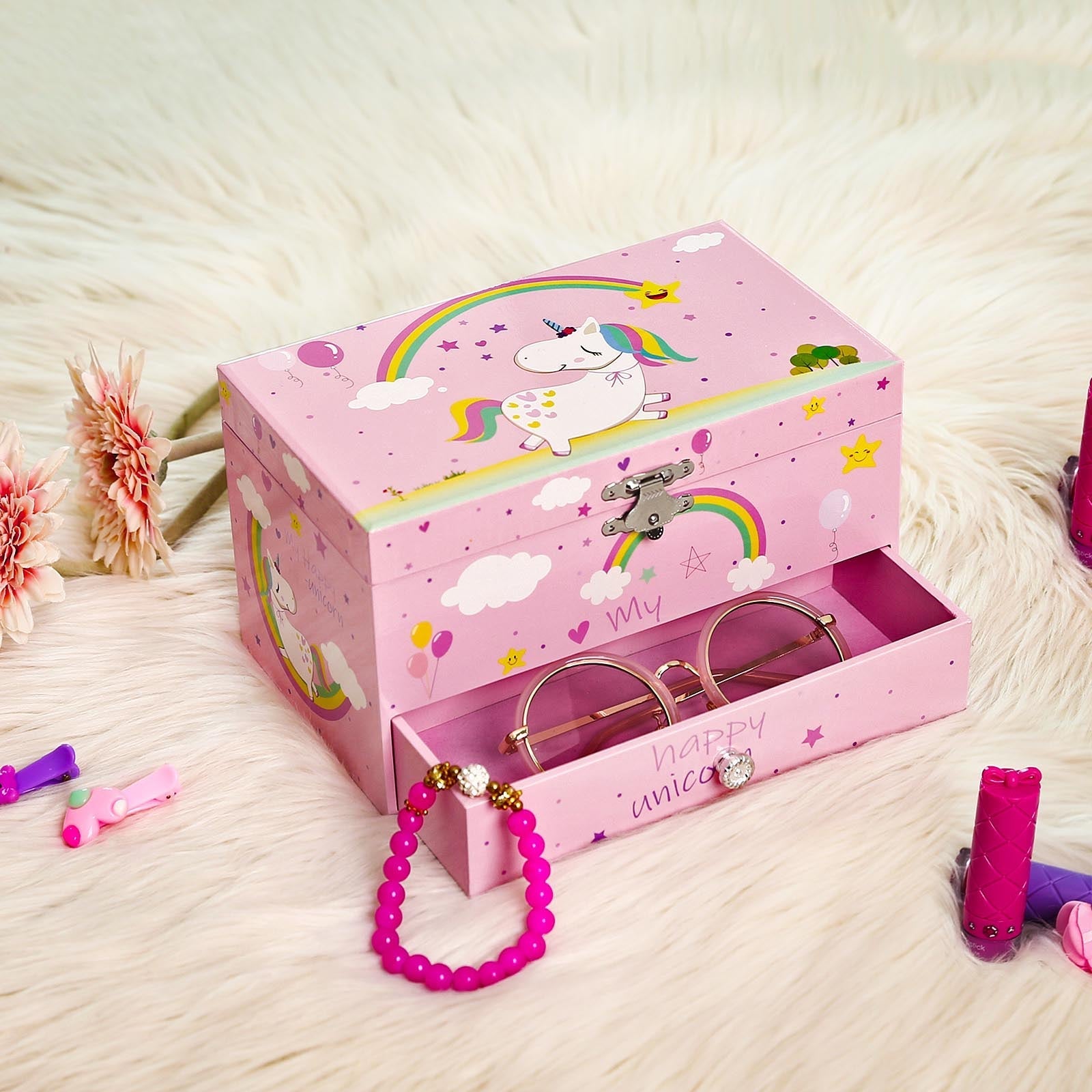 Musical Jewelry Box - Wood - Pink - Unicorn Melody with Pullout Drawer and Divided Compartments
