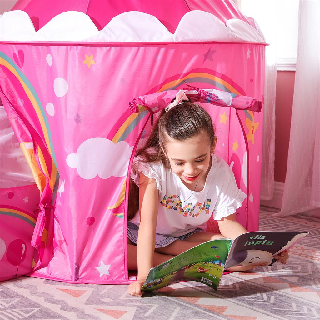 Kids Play Tent - Fabric - Pink - 3-in-1 Unicorn Princess Theme with Tunnel and Ball Pit