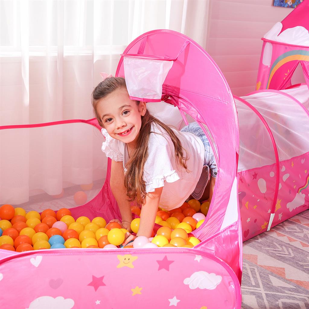 Kids Play Tent - Fabric - Pink - 3-in-1 Unicorn Princess Theme with Tunnel and Ball Pit