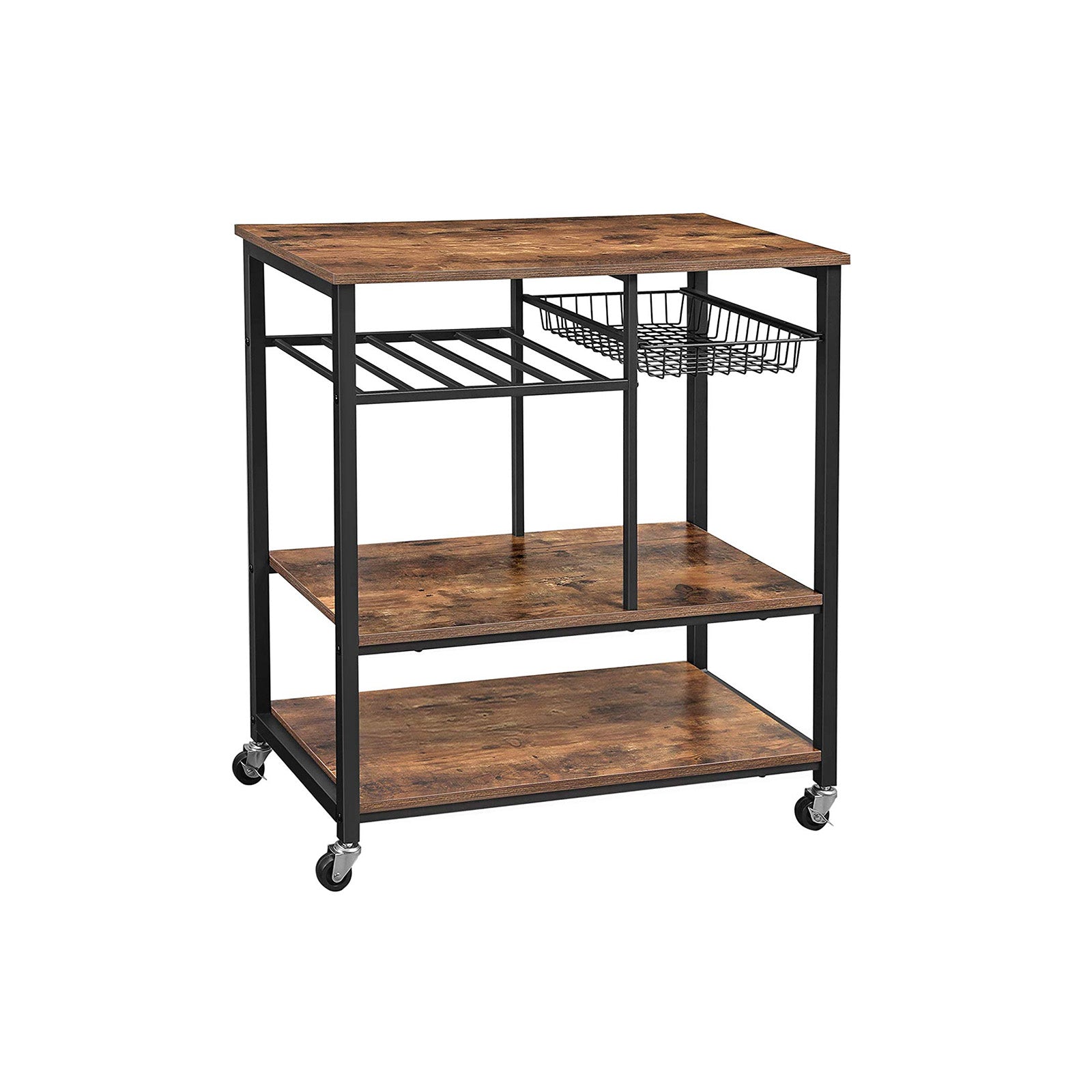 Utility Kitchen Cart - Metal - Rustic Brown - Mobile with Storage Shelves and Bottle Holder