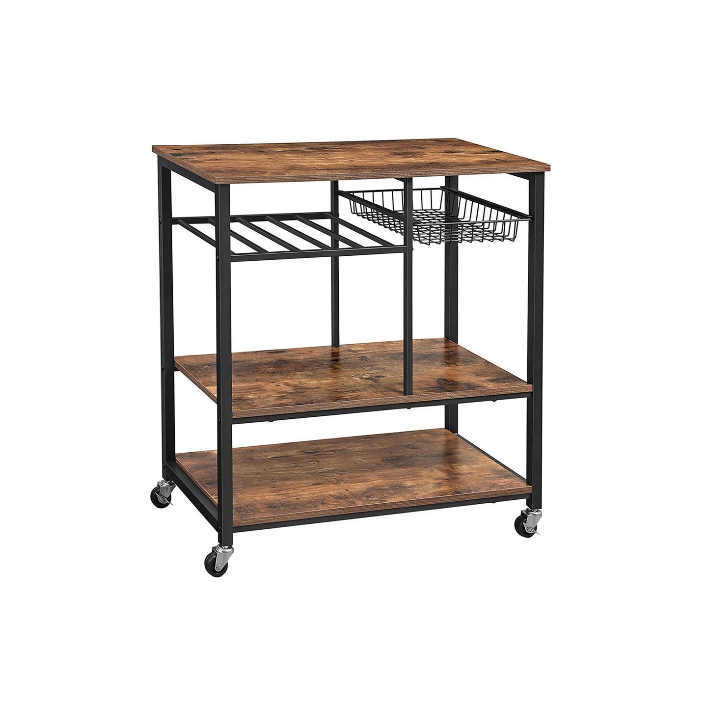 Utility Kitchen Cart - Metal - Rustic Brown - Mobile with Storage Shelves and Bottle Holder