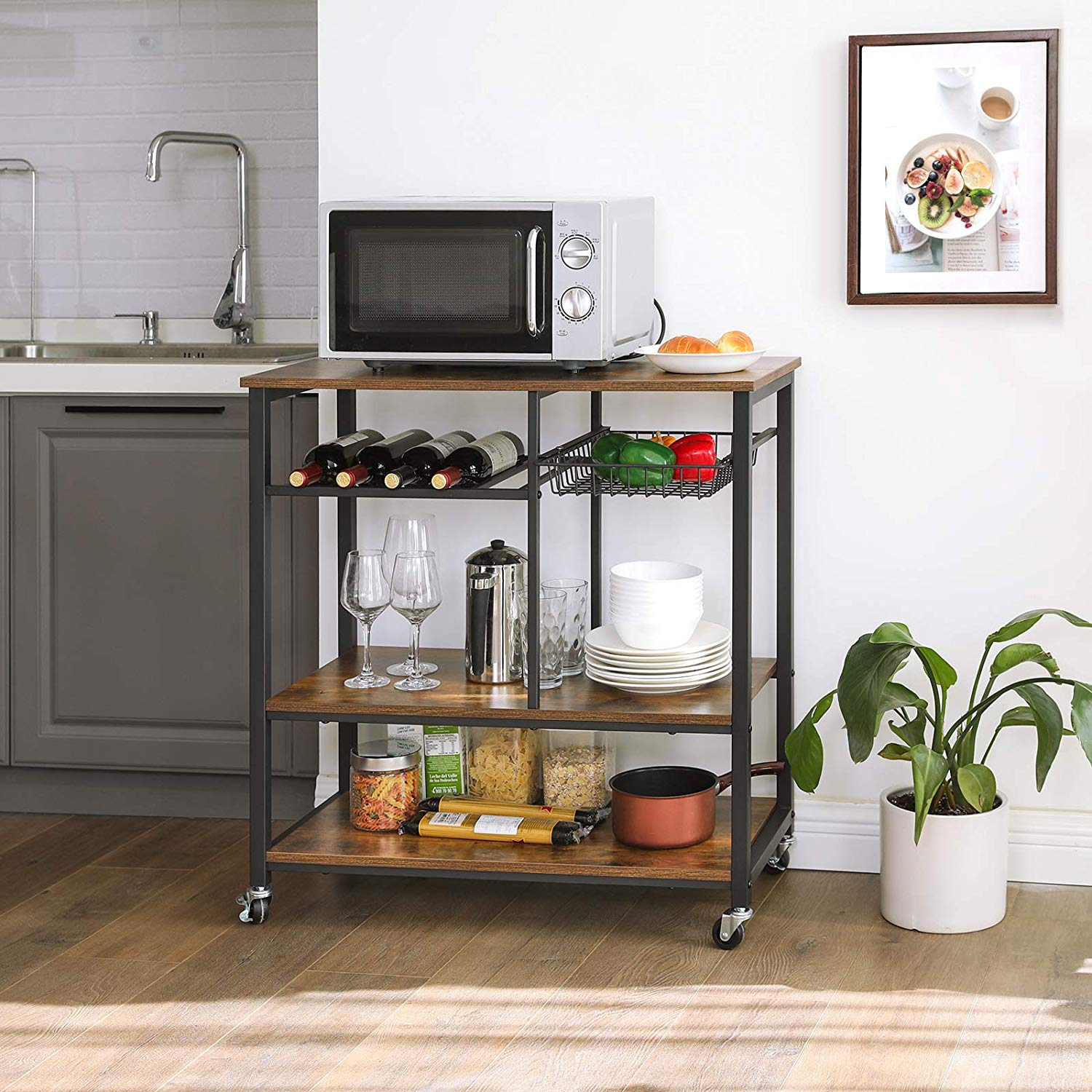 Utility Kitchen Cart - Metal - Rustic Brown - Mobile with Storage Shelves and Bottle Holder