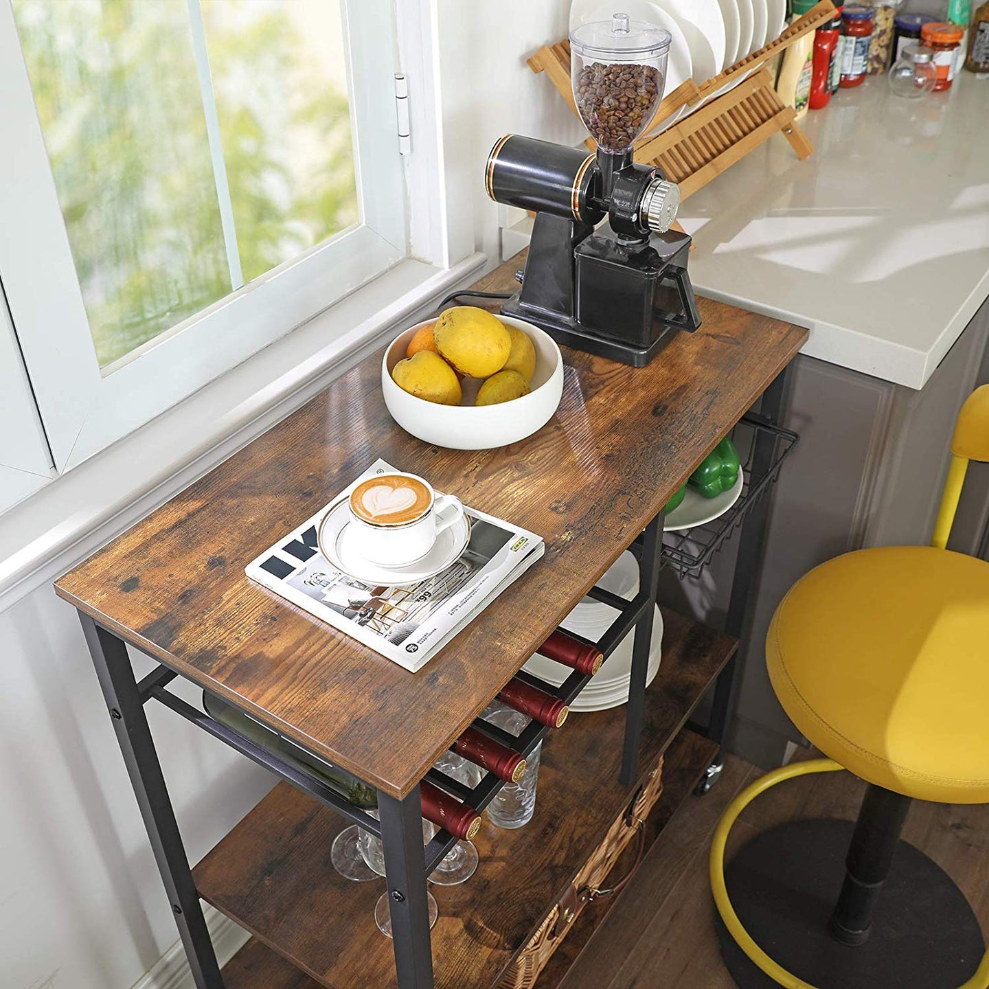 Utility Kitchen Cart - Metal - Rustic Brown - Mobile with Storage Shelves and Bottle Holder