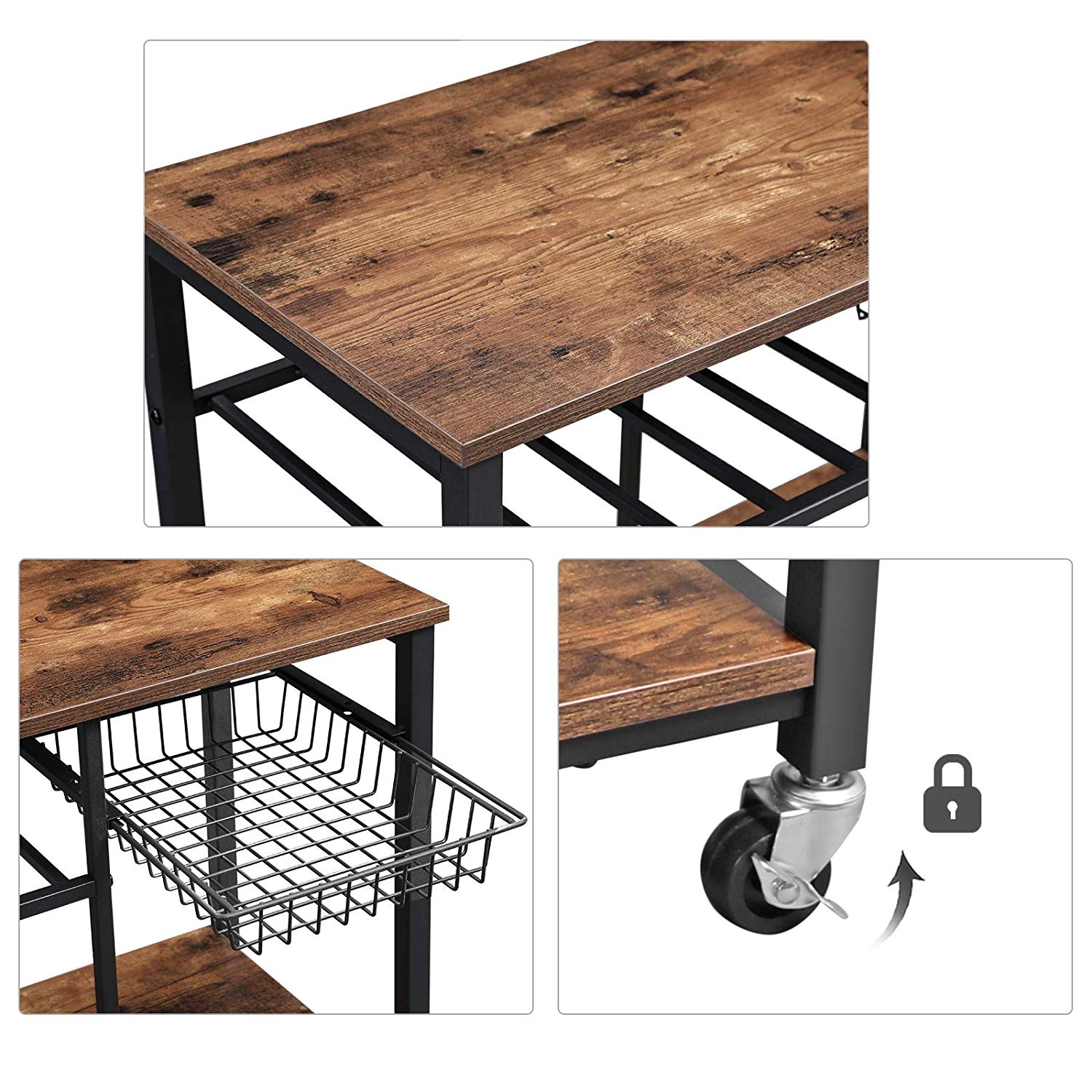 Utility Kitchen Cart - Metal - Rustic Brown - Mobile with Storage Shelves and Bottle Holder