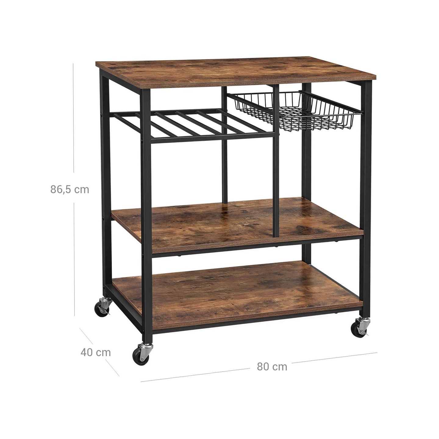 Utility Kitchen Cart - Metal - Rustic Brown - Mobile with Storage Shelves and Bottle Holder