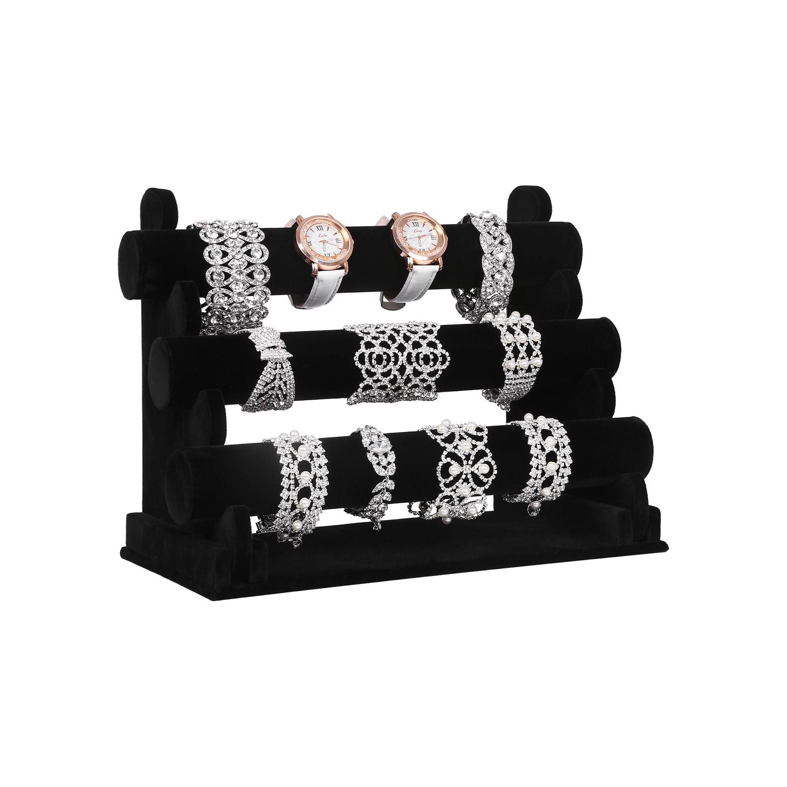 Jewellery Display Stand - Velvet - Black - 3-Bar Tangle-Free Organizer